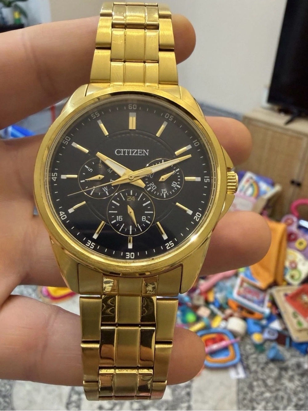 Citizen Gold Multi-Function Mens Quartz Watch AG8342-52L Black Blue Dial 42mm